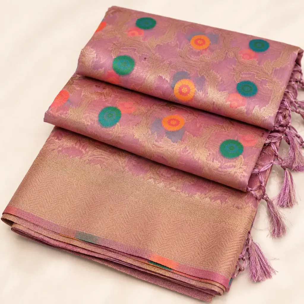Pink Banarasi Silk Saree with Gold Zari Border & Multicolor Floral Woven Design for Festive Wear New 