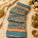 Teal Blue Floral Printed Silk Blend Saree with Elegant Border