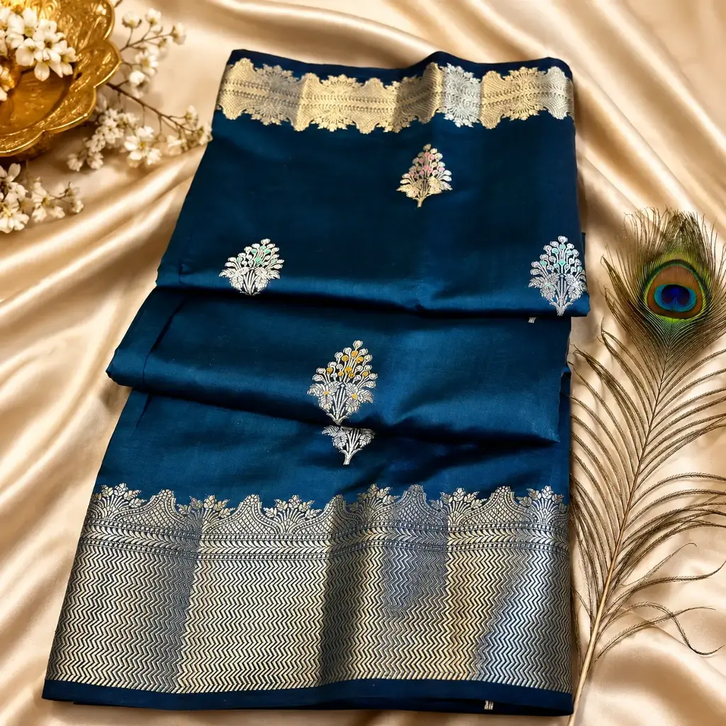 Elegant Navy Blue Soft Silk Saree with Silver Zari Border & Floral Buti Design