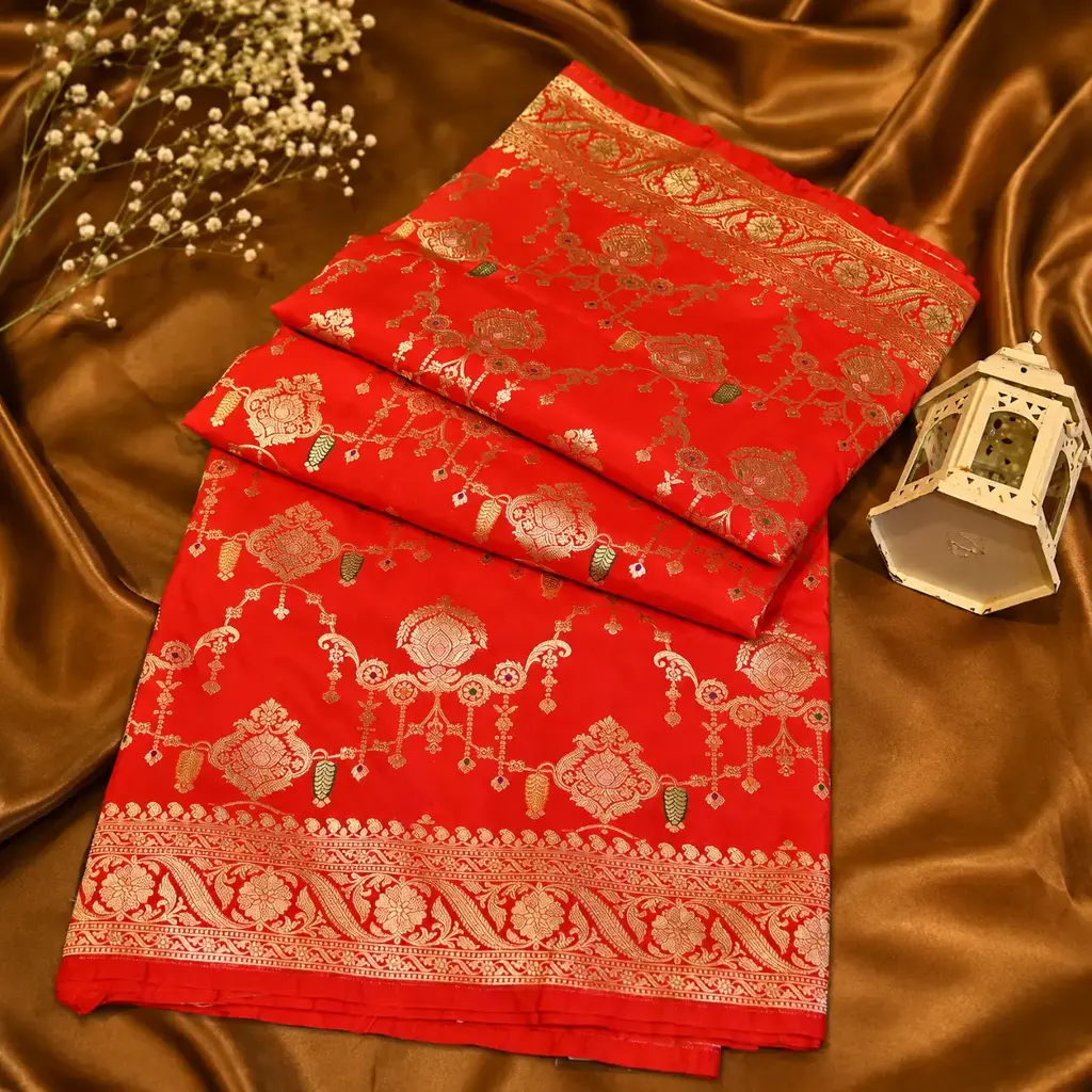Elegant Red Banarasi Silk Saree with Golden Zari Floral Border