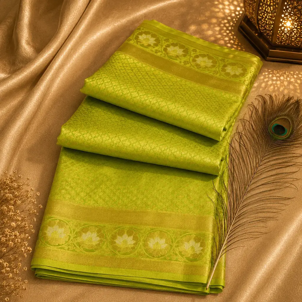 Elegant Lime Green Banarasi Silk Saree with Gold Zari Floral Border & Woven Design 
