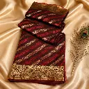 Maroon Red Silk Saree with Gold Zari Stripes & Medallion Border