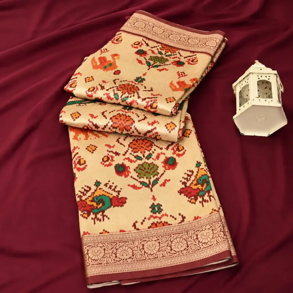 Beige Silk Blend Saree with Maroon Border