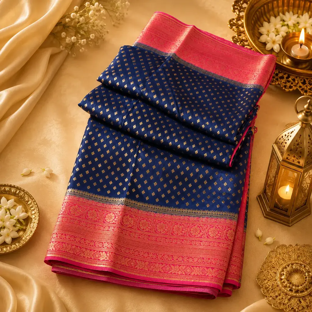 Elegant Navy Blue Banarasi Silk Saree with Gold Zari Butis & Pink Contrast Border
