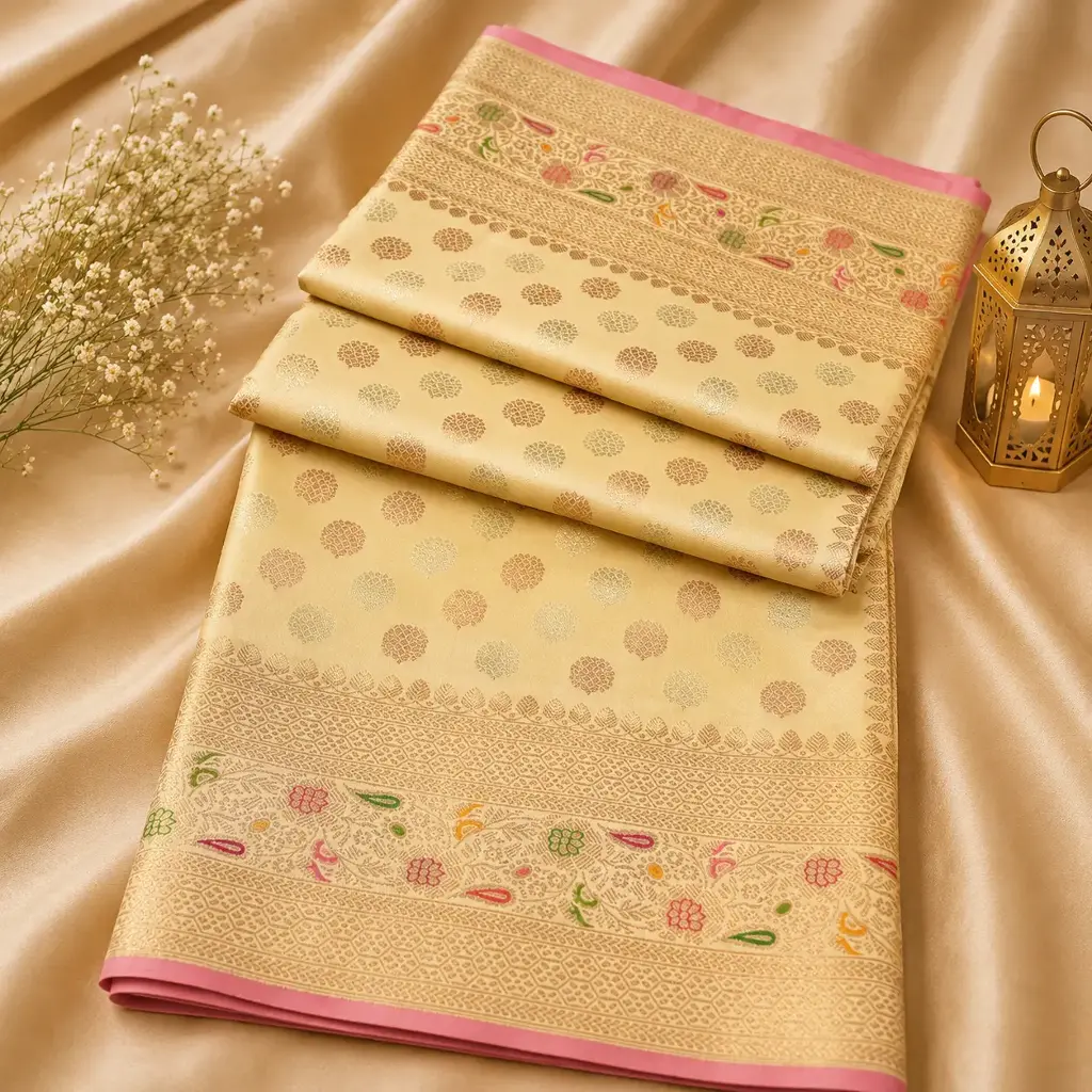 Cream Gold Banarasi Silk Saree with Pink Border and Multicolor Zari Pallu