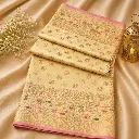 Cream Gold Banarasi Silk Saree with Pink Border and Multicolor Zari Pallu