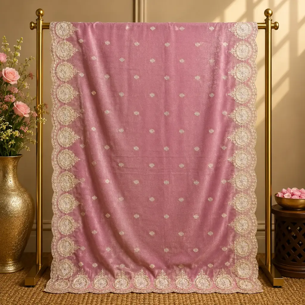 Dusty Rose Dupatta with Golden Motifs and Ornate Medallion Scalloped Border