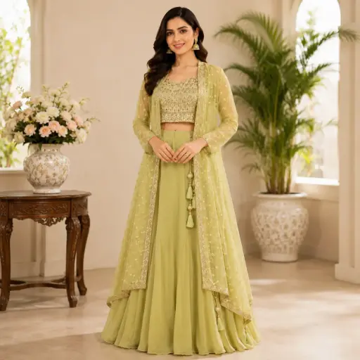 [03018001TO7396] Women's Sage Green Embroidered Indo Western Lehenga Set with Jacket