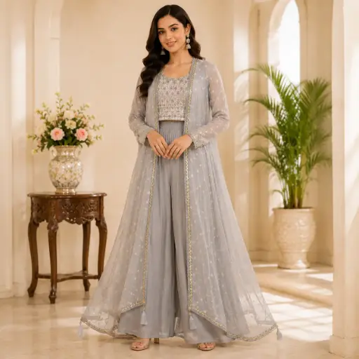 [03018003TO7396] Women's Grey Embroidered Indo Western Co-Ord Set with Sheer Jacket