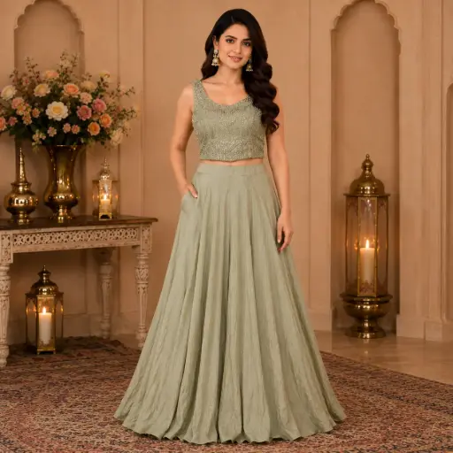 [32142026HL02B7] Women's Sage Green Embellished Lehenga Choli Set with Sequins Work Crop Top 