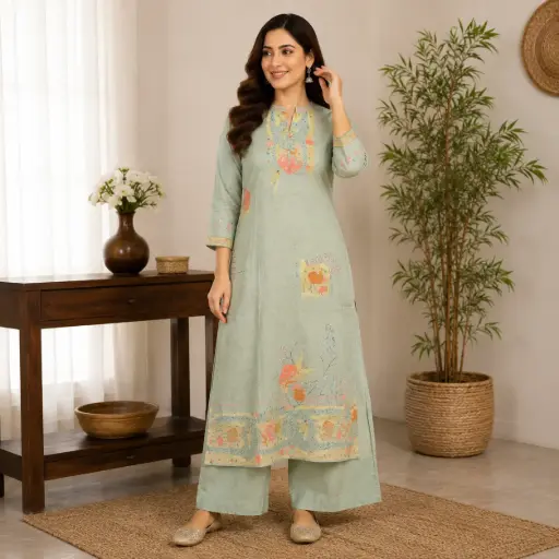 [87942001IN41D1] Women's Sage Green Printed Kurta with Pant Set | Elegant Straight Fit Ethnic Wear