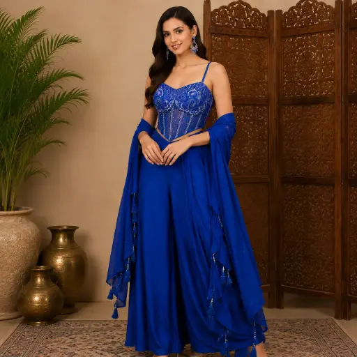 [00925002SF67E7] Women's Royal Blue Embroidered Crop Top Sharara Set with Dupatta