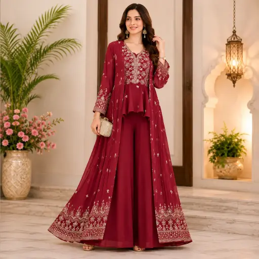 [00925003JI84A5] Women's Maroon Embroidered Shrug Style Plazo Set with Dupatta