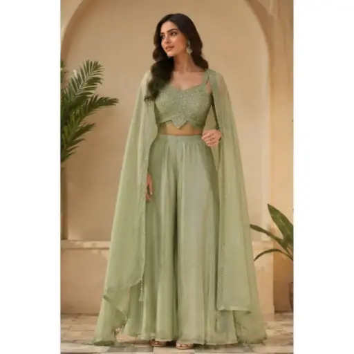[00925003PV63E2] Women's Sage Green Indo Western Palazzo Set with Embroidered Crop Top