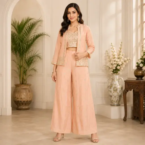 [00925075UN78D4] Women's Peach Embroidered Indo Western Co-Ord Set with Jacket, Crop Top & Palazzo Pants