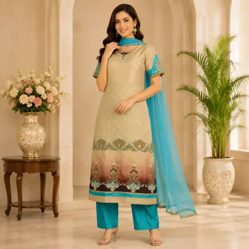 [03025003SJ0638] Women's Beige & Turquoise Embroidered Straight Kurta Set with Dupatta