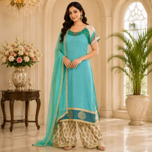 [03025004SI8338] Women's Turquoise Blue Straight Kurta Set with Dupatta & Printed Palazzo