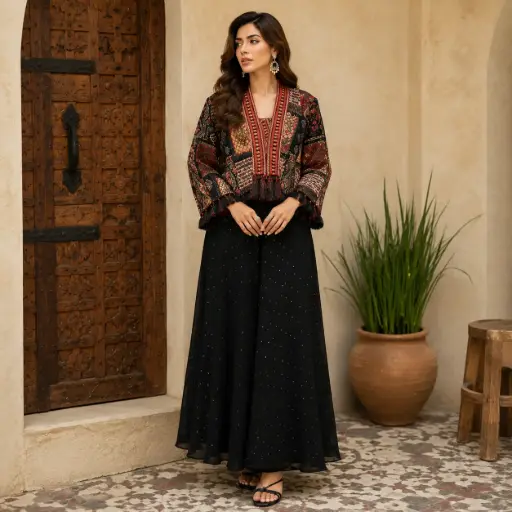 [03025040ZQ99C3] Women's Boho Embroidered Jacket with Black Palazzo Set