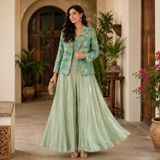 [03125002FS05E1] Mint Green Designer Indo Western Palazzo Set for Women with Embroidered Jacket
