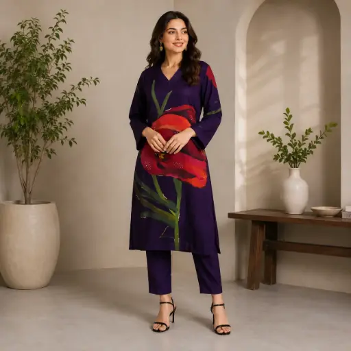[08925075SK50E4] Women's Floral Printed Kurti Pant Set | Elegant V-Neck Ethnic Wear with Full Sleeves