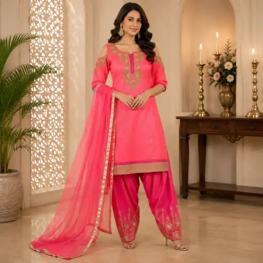 [11625001QN2449] Coral Pink Cold Shoulder Patiala Suit Set