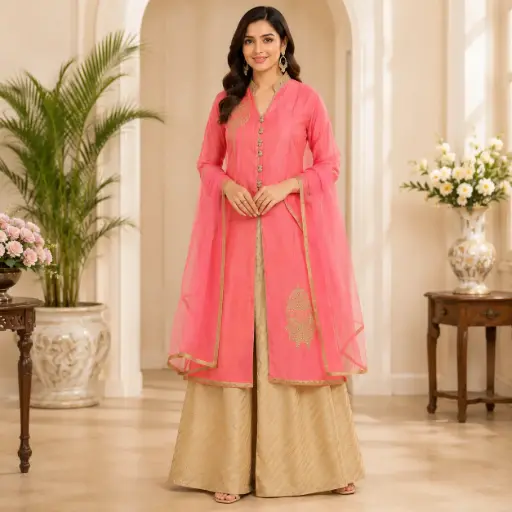 [18025002SI3938] Women's Pink Embroidered Kurta Palazzo Set with Dupatta, Designer Ethnic Party Wear Suit