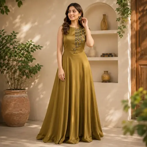 [52125001UA6264] Women's Olive Green Embroidered Gown | Elegant Sleeveless Anarkali Style Maxi Dress