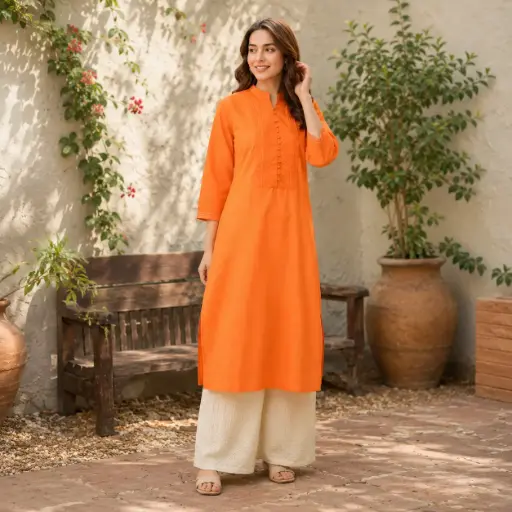 [53125003OU7759] Women's Orange Straight Kurta with White Palazzo Set | Elegant 3/4 Sleeve Ethnic Wear