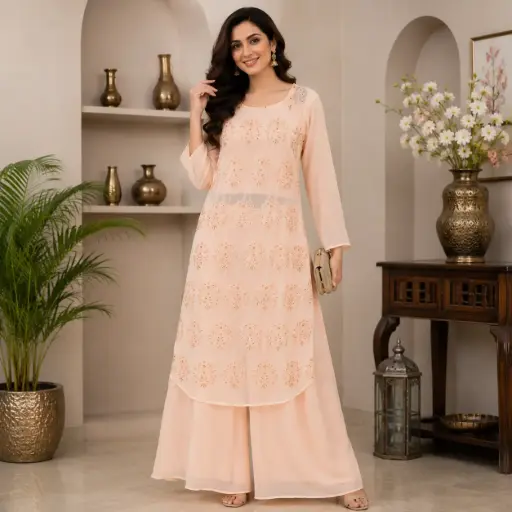 [54825001LO8382] Peach Embroidered Kurta Palazzo Set for Women with Elegant Floral Thread Work