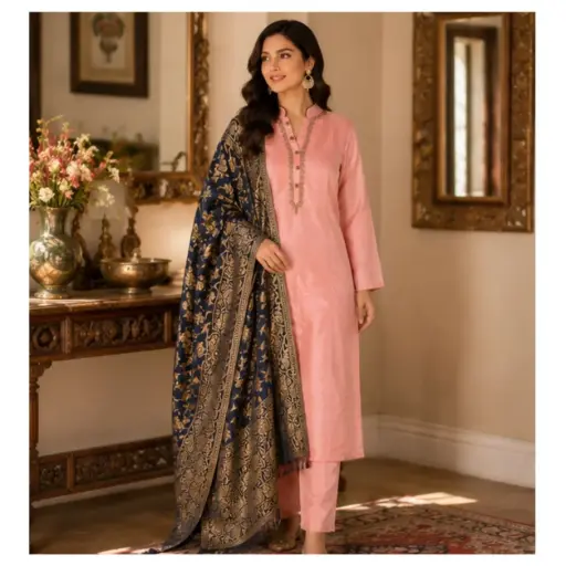 [63725001ZG8477] Women's Peach Silk Kurta Pant Set with Navy Blue Banarasi Dupatta