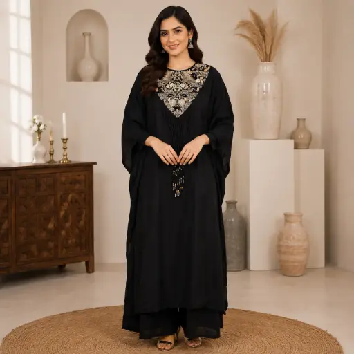 [DRESSES - 15727SR-CBKN] Women's Black Embroidered Kaftan Dress with Golden Neck Work, Elegant Ethnic Maxi Gown