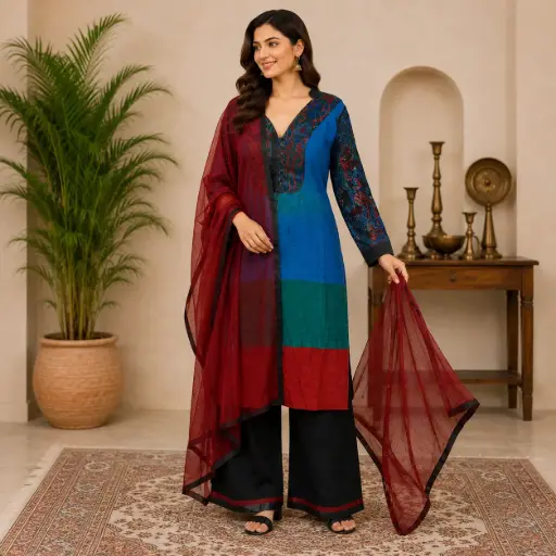 [00126002T69402] Women's Multicolor Embroidered Kurta Palazzo Set with Dupatta