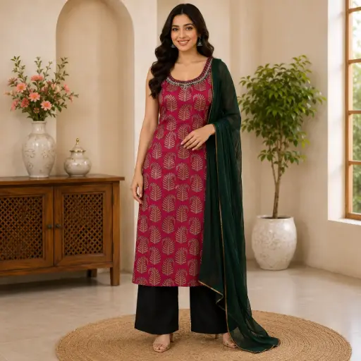 [00126002T88902] Women's Magenta Printed Kurta Pant Set with Dark Green Dupatta, Designer Ethnic Suit for Festive