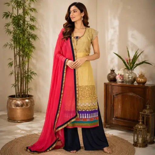 [03026003XQ4823] Women's Gold Straight Kurta with Pink Dupatta & Palazzo Set