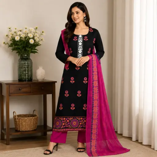 [11226003YP8822] Black Embroidered Kurta Set with Magenta Dupatta & Matching Palazzo Pants