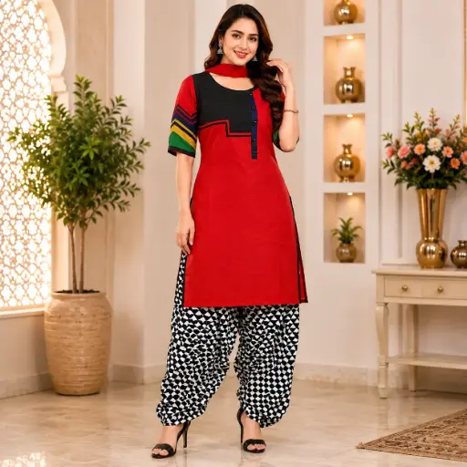 [34426001RQ9345] Women's Red & Black Designer Kurti with Printed Dhoti Pant Set
