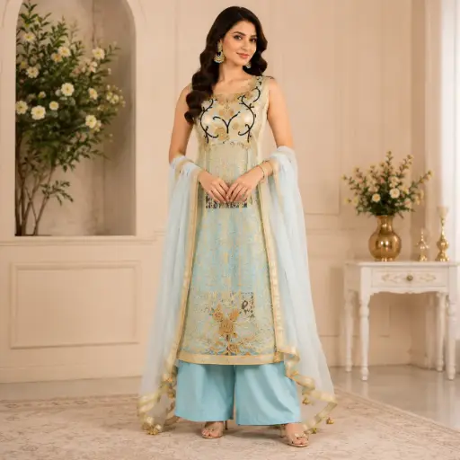 [00128003G84902] Women’s Sky Blue & Gold Embroidered Palazzo Suit Set with Organza Dupatta