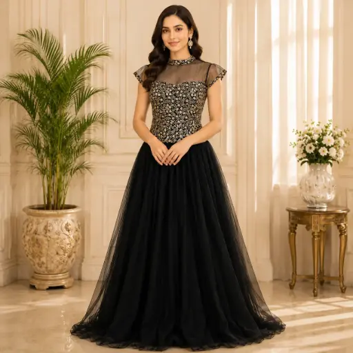 [02329001ZK6018] Women's Black Embroidered Evening Gown with Net Yoke, Designer Party Wear Maxi Dress