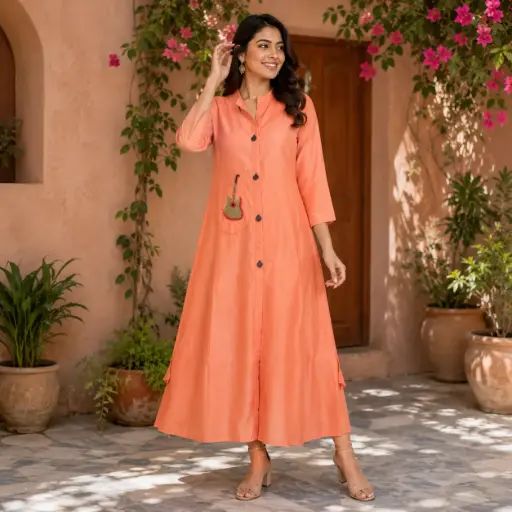 [16507001OF5056] Women's Peach A-Line Long Kurti with Mandarin Collar, Button Front & Pocket Patch Work