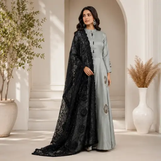 [16507001OF8556] Elegant Grey Satin Anarkali Gown with Black Embroidered Net Dupatta
