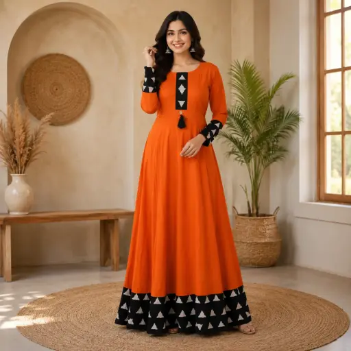 [48407001PP7852] Women's Orange Anarkali Gown with Black Geometric Print Border, Designer Ethnic Maxi Dress