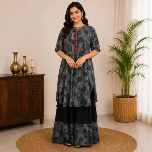[DRESSES - 481] Women's Grey Printed Kurti Palazzo Set with Stylish Red Tassel Detail, Flared Designer Kurta