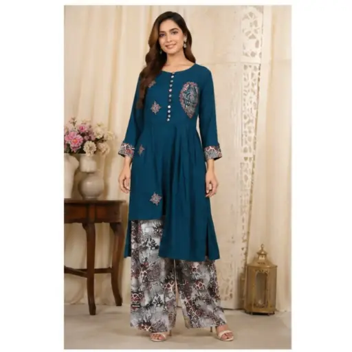 [55007001NC0460] Women's Teal Embroidered Salwar Suit Set with Printed Palazzo Pants