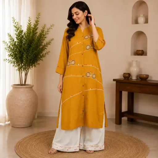 [55007001NC0660] Mustard Yellow Embroidered Kurta with White Palazzo Set for Women
