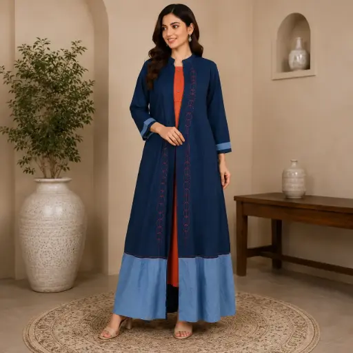 [DRESSES - TE-845] Women's Navy Blue Layered Kurta Dress | Designer Ethnic Long Kurti with Inner Dress