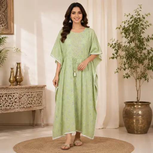 [70407001KT1096] Women's Light Green Printed Kaftan Dress with Embroidered Yoke