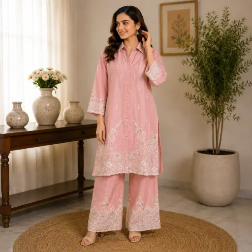 [03143074FG70D7] Elegant Pink Embroidered Co-Ord Set for Women with Straight Kurta and Palazzo Pants