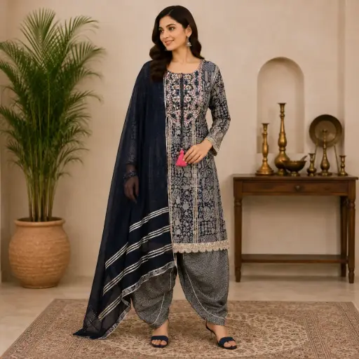 [03143074IS31B2] Women's Navy Blue Printed Kurta Salwar Set with Dupatta | Embroidered Ethnic Suit