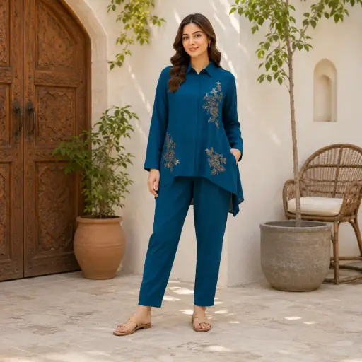 [68243048HV64C2] Women's Teal Embroidered Up & Down Kurti with Simple Pant Co-Ord Set