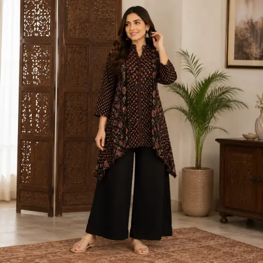 [68243075HA91E4] Women's Black Floral Printed Kurta with Palazzo Set | Elegant A-Line Ethnic Co-Ord Outfit
